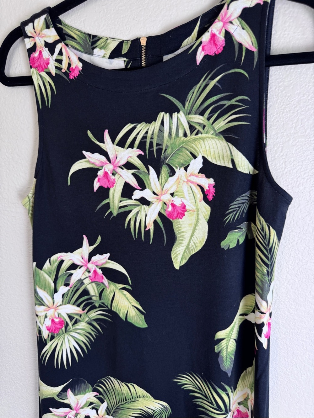 Tommy Bahama M Black Tropical Floral Shift Dress Sleeveless Knee Zip Stretch - Picture 2 of 12